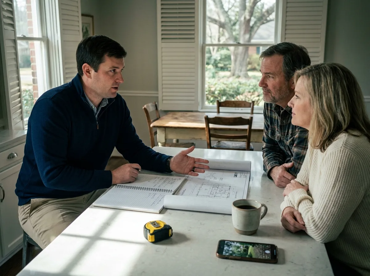 Waterstone project consultant reviewing plans with homeowners in their living room