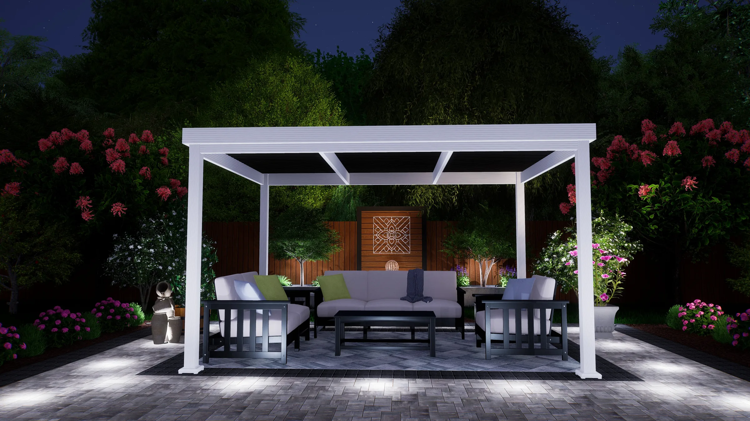 TEMO Roma freestanding pergola with motorized louvered roof shading an outdoor seating area in a landscaped backyard